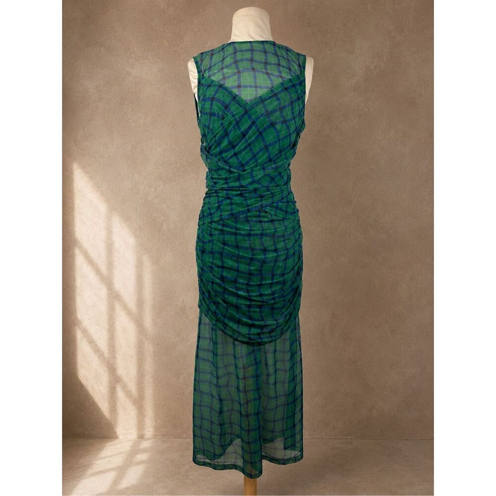 Simon Miller Sz L Kinny Ruched Plaid Mesh Midi Dress Anthropologie Green Blue